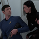 Ethan Peck as Spock and Jessie James Keitel as Dr. Aspen.